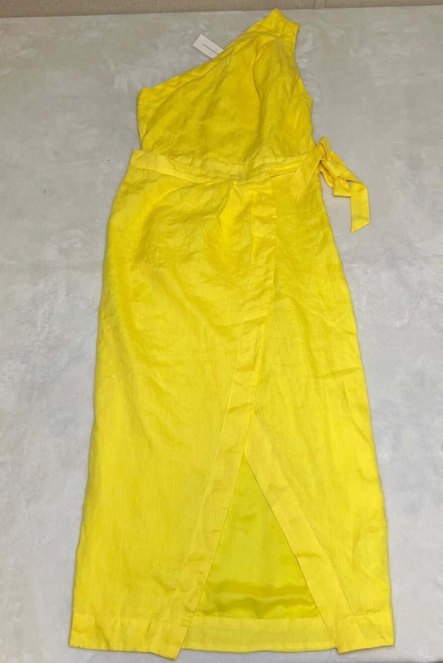 Anthropologie One Shoulder Linen Wrap Midi Dress Yellow Size 2